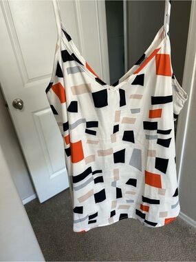 Abstract Print V-Neck Spaghetti Strap Tank Top - White with Black & Orange